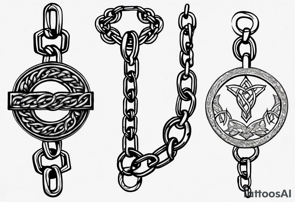 Create a tattoo design sketch in a realistic style, featuring a chain. The chain should have detailed links that are consistent in size, with a focus on the metallic texture, reflections, shadows, and signs of wear. The design should capture the three-dimensional aspect of the chain, making it appear as if it’s resting naturally on the skin. The overall look should emphasize realism and intricate detailing tattoo idea