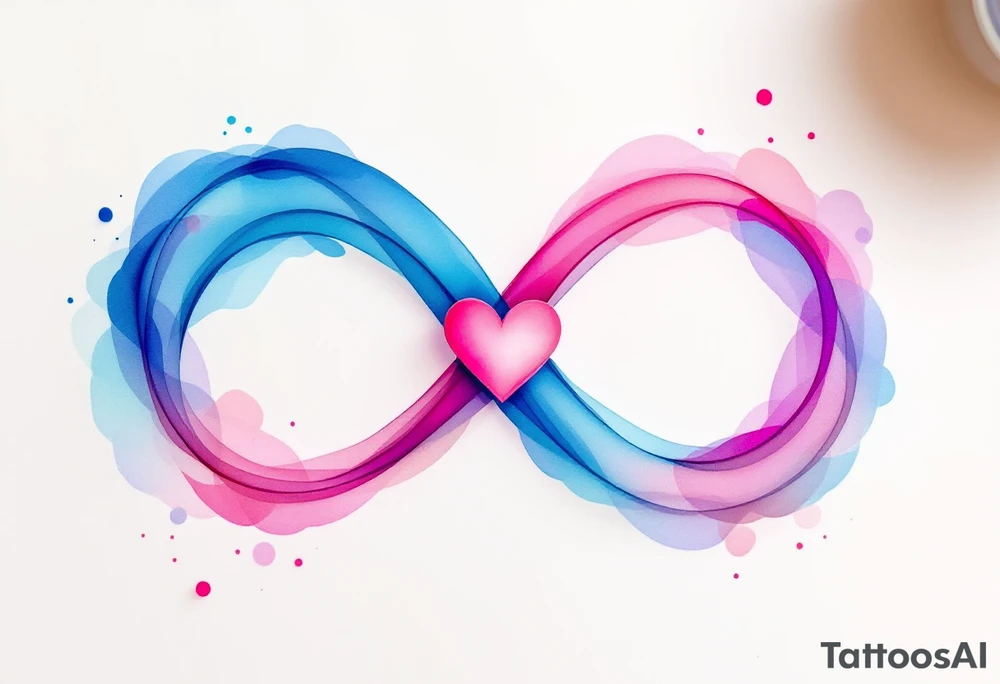 A watercolor-style infinity loop in shades of blue and pink, with a small heart nestled in the center. tattoo idea
