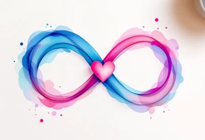 A watercolor-style infinity loop in shades of blue and pink, with a small heart nestled in the center. tattoo idea