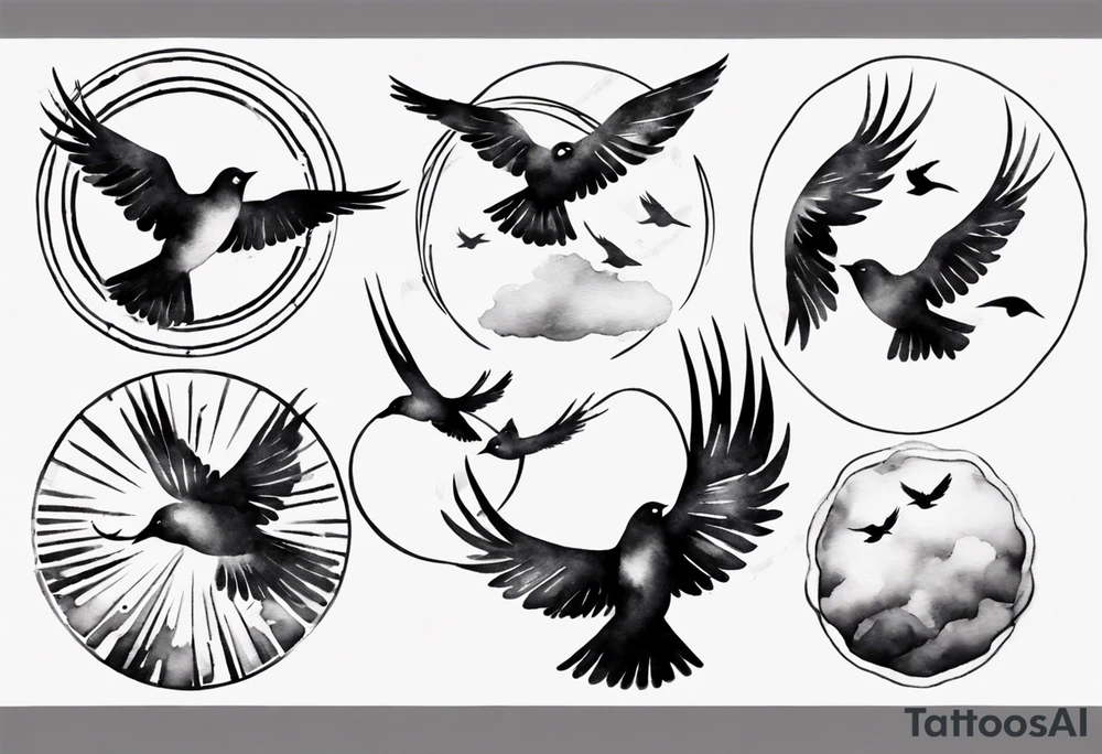 shoulder tattoo with light rays with birds flying free among the clouds, round shape, 3d effect tattoo idea