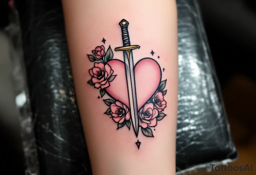 dagger piercing a heart with roses tattoo idea
