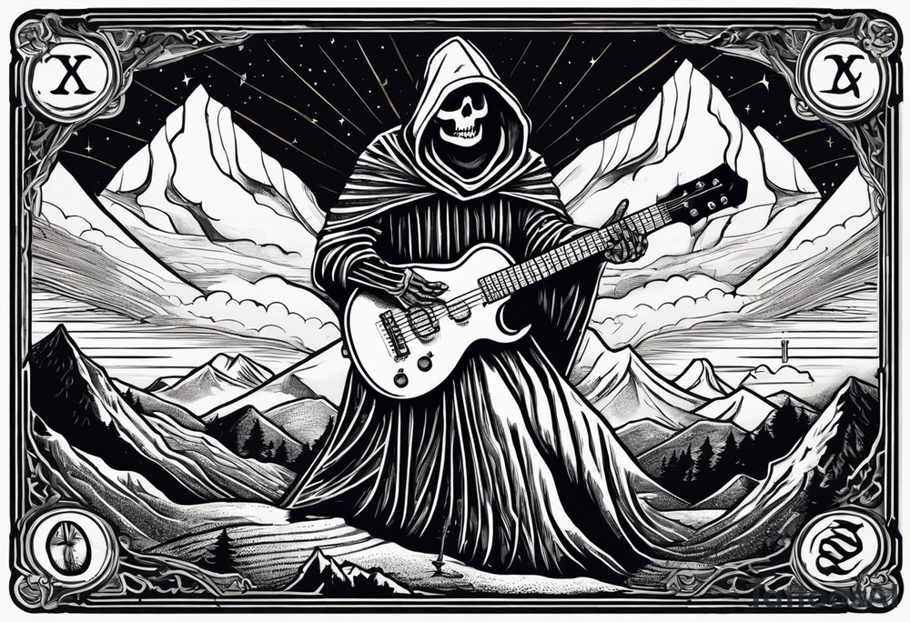 A tarot card showing a hooded skeleton playing a flying v guitar on top of a mountain made of amps,  the text says "XXII The Bard", lightnings in the background tattoo idea