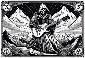 A tarot card showing a hooded skeleton playing a flying v guitar on top of a mountain made of amps,  the text says "XXII The Bard", lightnings in the background tattoo idea