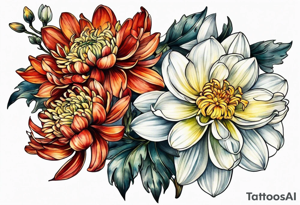 Chrysanthemum and Narcissus intertwined tattoo idea