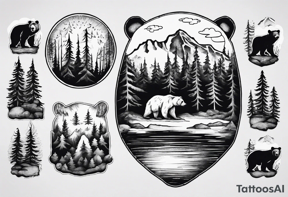 bear, forest, lake, appalachia, arm sleeve tattoo tattoo idea