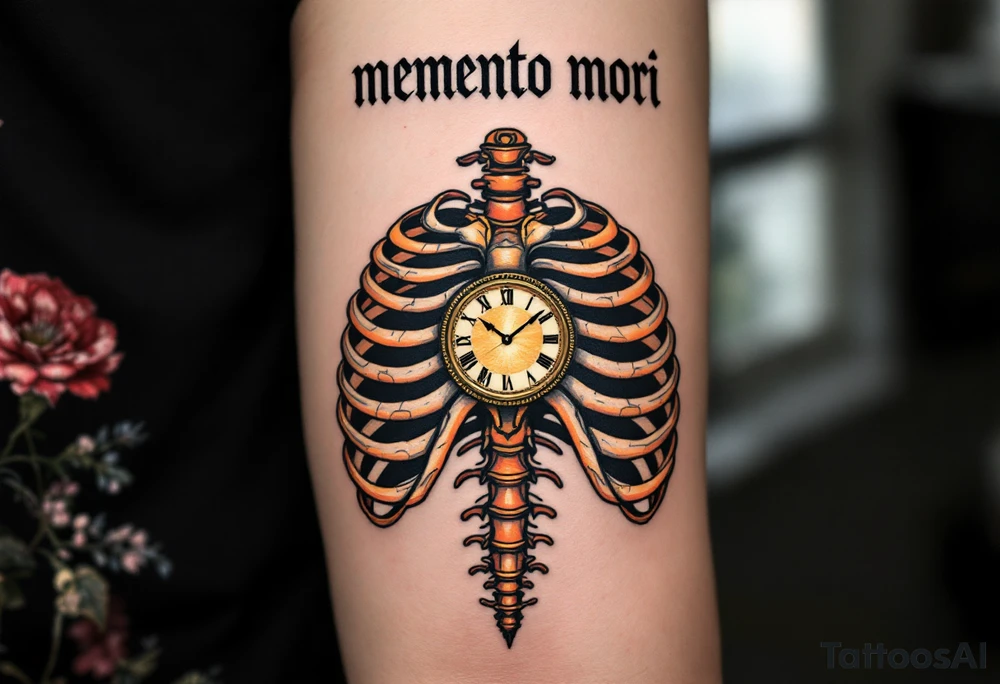 A detailed ribcage split open to reveal a golden clock, "memento mori" in bold black Roman script above. tattoo idea