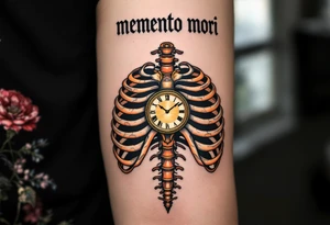 A detailed ribcage split open to reveal a golden clock, "memento mori" in bold black Roman script above. tattoo idea