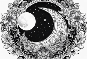 Waning crescent moon over sun tattoo idea