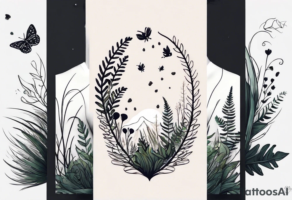 minimalistic forest floor inspired tattoo, which includes grass, curly ferns and dead leaves as the bulk of the tattoo. details to include: three  tiny strawberries, couple of very small mushrooms, a tiny bumblebee flying nearby tattoo idea