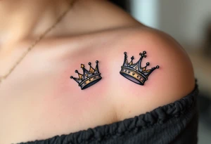 Minimalist black king and queen crowns with gold and silver accents on the outer hands celebrate your royal bond. tattoo idea