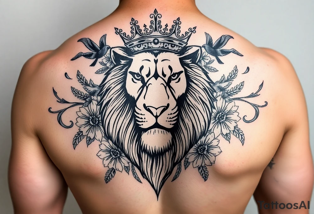 powerful majestic lion with a crown, surrounded by floral ornaments and birds tattoo idea