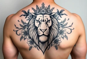 powerful majestic lion with a crown, surrounded by floral ornaments and birds tattoo idea