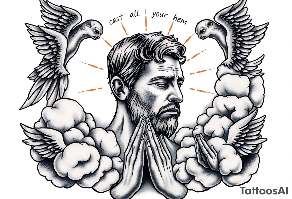 cast all your anxiety on him because he cares for you"  surrounded with clouds and angels and praying hands tattoo idea