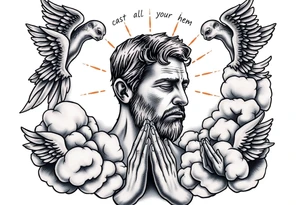 cast all your anxiety on him because he cares for you"  surrounded with clouds and angels and praying hands tattoo idea