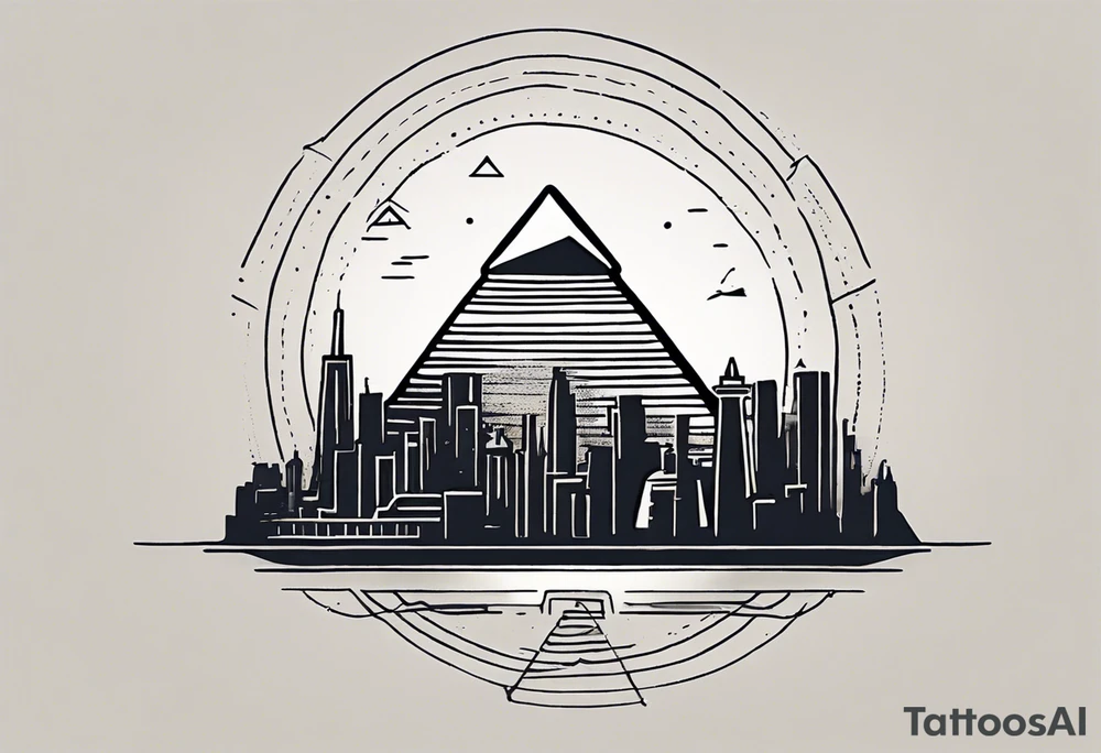"Design a minimalist yet meaningful tattoo featuring a subtle fusion of the Pyramids of Giza and the Manhattan skyline. Opt for clean lines and essential elements, such as the silhouettes of the pyramids integrated with key skyscrapers. Consider a monochromatic color scheme to maintain simplicity, and choose a compact size for an understated yet impactful representation of your Egyptian and New York connections tattoo idea
