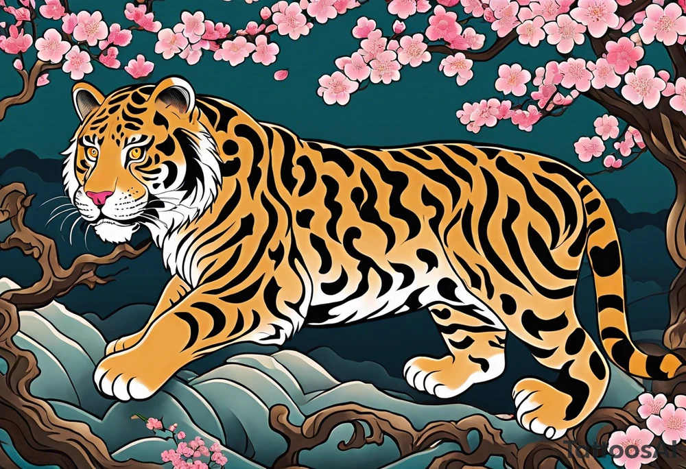 An irezumi style big cat, which looks like the traditional japanese drawing of a tiger. The colour and pattern of a jaguar on the body of the big cat. It should be climbing upwards, with the head looking to the right. The background is a stylised cherry blossom tree with multiple shades of pink for the blossoms. The colours of the background are not dark, so that the jaguar stands out against the background. tattoo idea