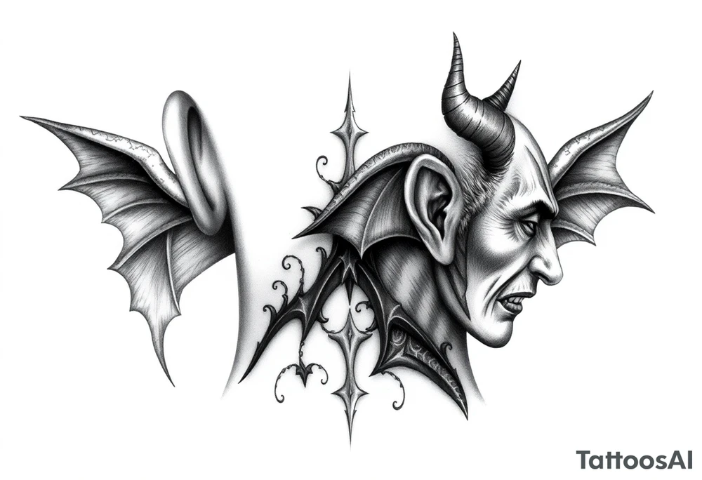 position behind the neck Angel (on the right) whispering in the right ear, demon (on the left) whispering in the left ear. It must be as realistic as possible. tattoo idea