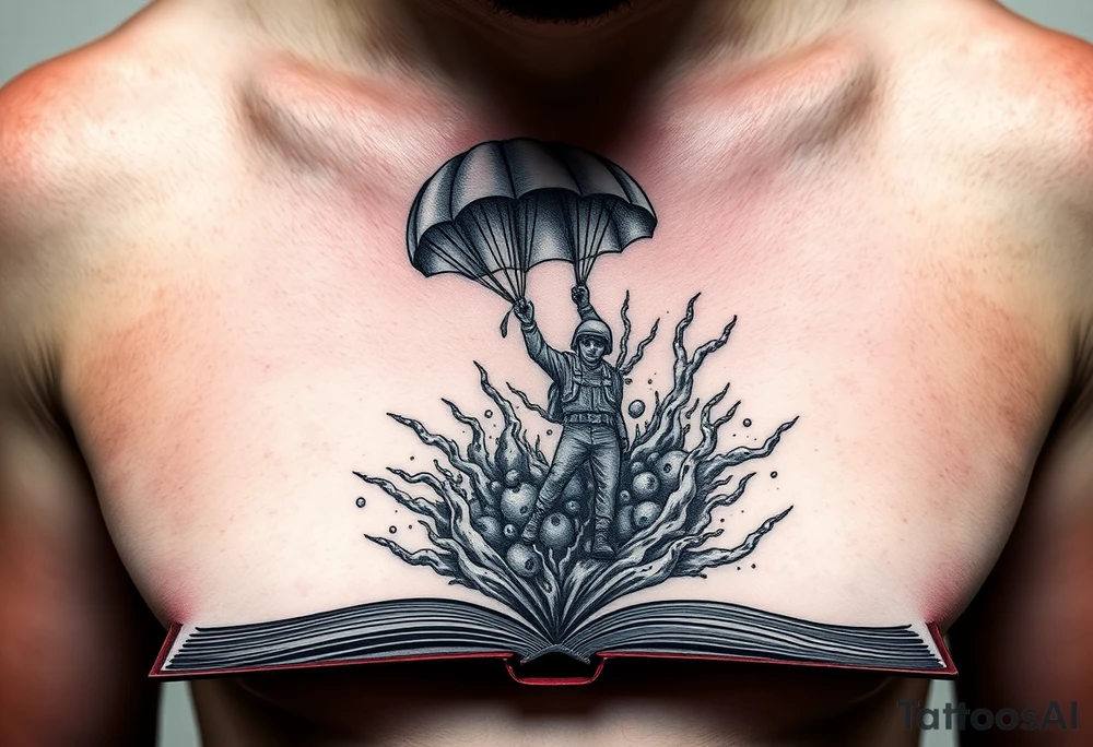 A parachuting soldier falling into an open book. Chaos surrounding, but the book is protecting the soldier from it. On the chest. Make the tattoo smaller. Make it thought provoking. Make the chaos in the environment be an eerie mist. Make the pages in the book be blank. Just one soldier, no other characters. the book is old. tattoo idea