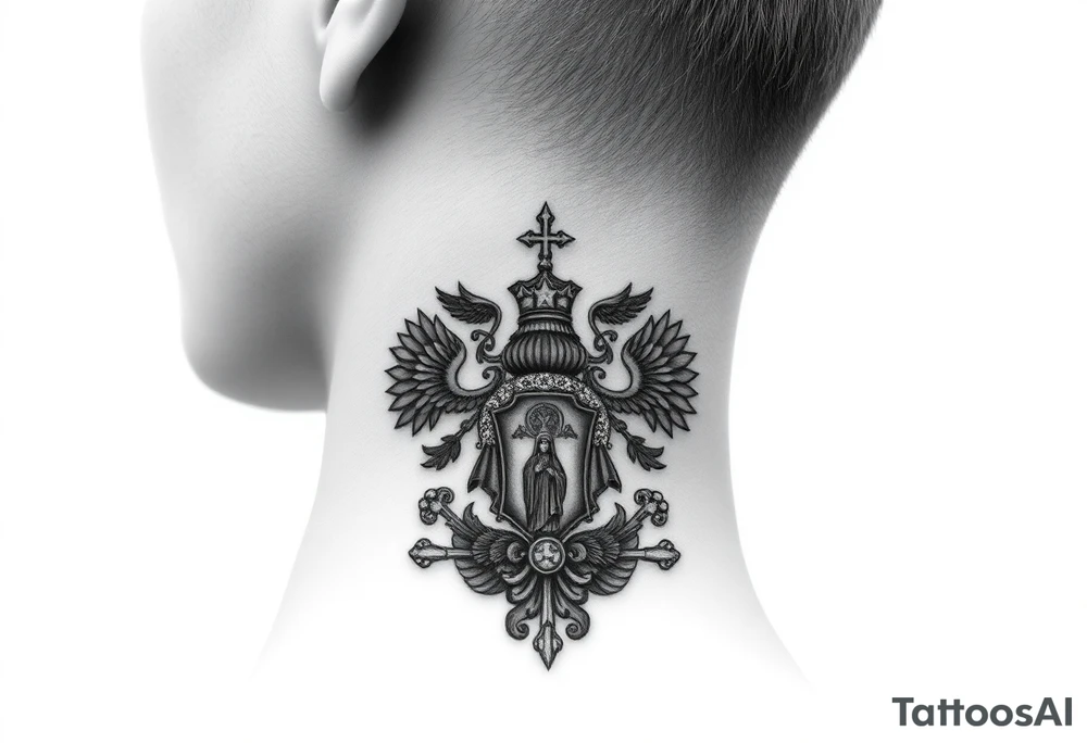 russian coat arms in a russian christian orthodox style virgin mary & orthodox dome church on the side of the neck tattoo idea