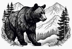 Pine forest black bear puma tattoo idea