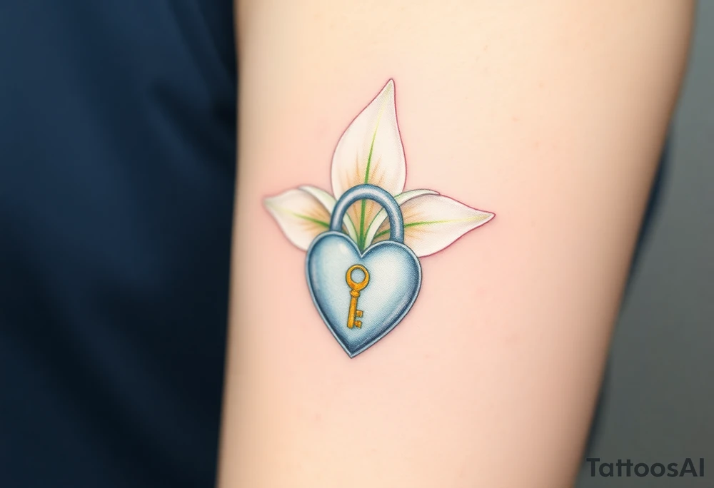 A delicate white lily growing around a silver heart-shaped lock, with a golden key embedded in the petals tattoo idea