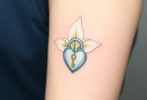 A delicate white lily growing around a silver heart-shaped lock, with a golden key embedded in the petals tattoo idea