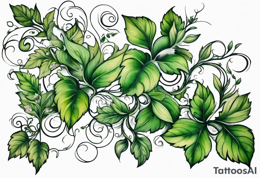 Vines with thick green leaves and muted flowers. Will start above the wrist and wrap around forarm ending at elbow tattoo idea