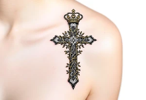 Cross and Crown – A golden cross with intricate vine patterns wrapping around it, topped with a royal crown symbolizing the sovereignty of Christ. tattoo idea