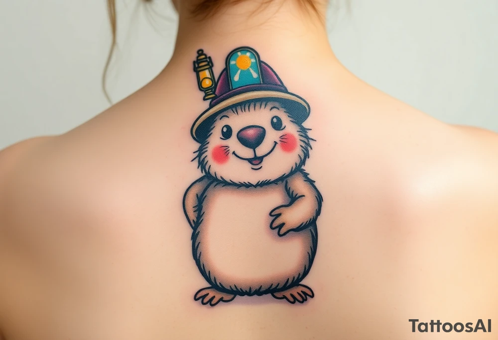 A mole dressed as an old-fashioned miner, with a small oil lamp on its helmet and tiny pickaxe in hand tattoo idea