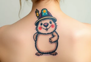 A mole dressed as an old-fashioned miner, with a small oil lamp on its helmet and tiny pickaxe in hand tattoo idea