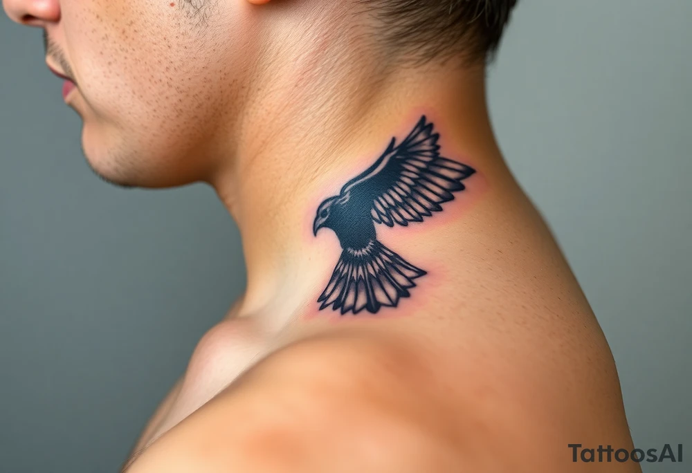 A detailed raven in mid-flight, wings spread wide with intricate feather patterns, symbolizing Tris’s journey, representing sci fi movie Divergent tattoo idea