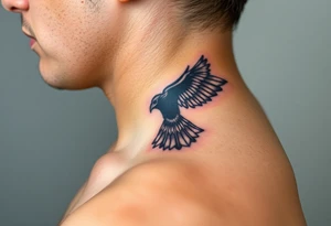 A detailed raven in mid-flight, wings spread wide with intricate feather patterns, symbolizing Tris’s journey, representing sci fi movie Divergent tattoo idea