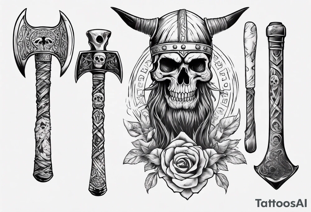 viking axe with crow and sugar skull tattoo idea