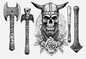 viking axe with crow and sugar skull tattoo idea