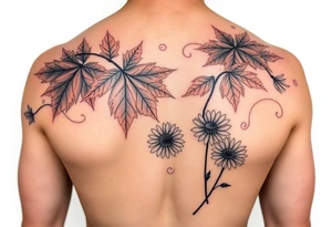 Arm sleeve with realistic fall colored Maple leaves and gerbera daisies connected with thin swirly lines. Add in a dandelion wish and a dragonfly tattoo idea