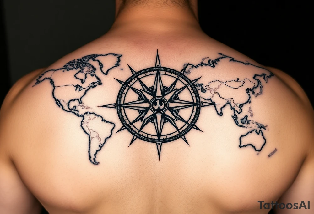 antique compass rose overlaid on weathered world map with sailing ships tattoo idea