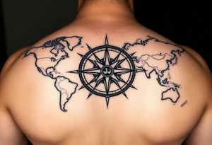 antique compass rose overlaid on weathered world map with sailing ships tattoo idea