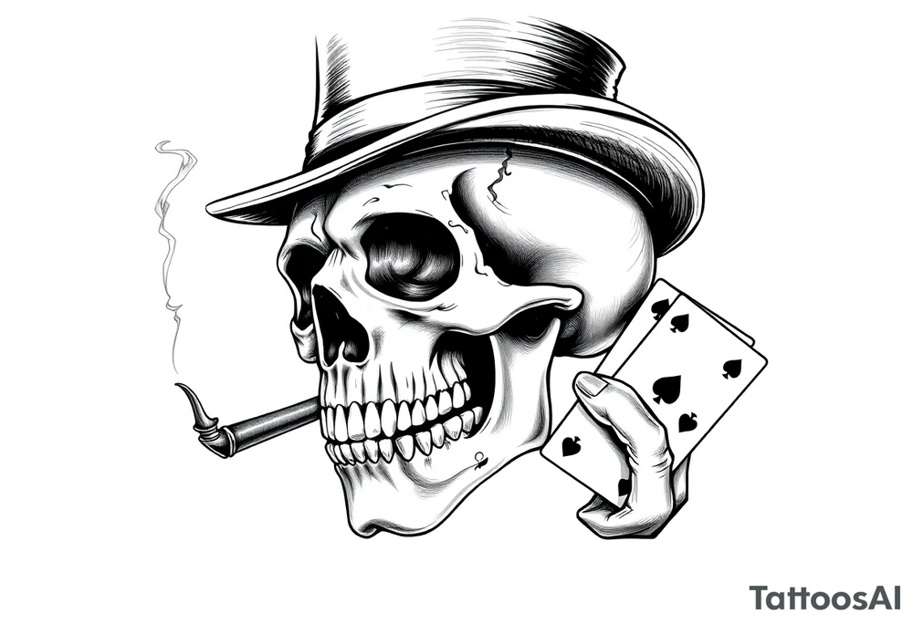 a skull with mustache,top-hat, cigar in his mouth and playing cards in a hand. tattoo idea