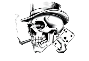 a skull with mustache,top-hat, cigar in his mouth and playing cards in a hand. tattoo idea
