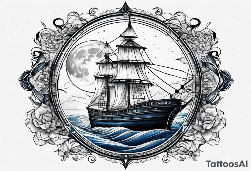 bateau, phare maritime et lune bleu tattoo idea