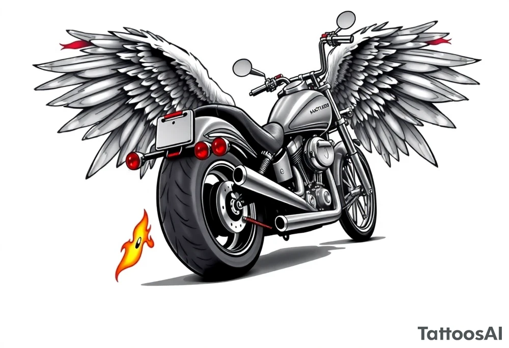 Low rider grey motorcycle, big muffler pipes with flames, angel wings, driving away, no person tattoo idea