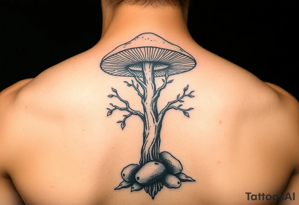 Magic mushroom with truffles growing underneath with the tree of life symbol but with mushroom tattoo idea