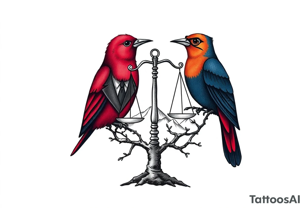 one of the birds red wearing a suit, other bird navy blue with glasses or holding a book, scales of justice built into a tree, starry night painting and mountain background tattoo idea