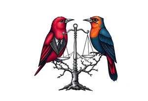 one of the birds red wearing a suit, other bird navy blue with glasses or holding a book, scales of justice built into a tree, starry night painting and mountain background tattoo idea