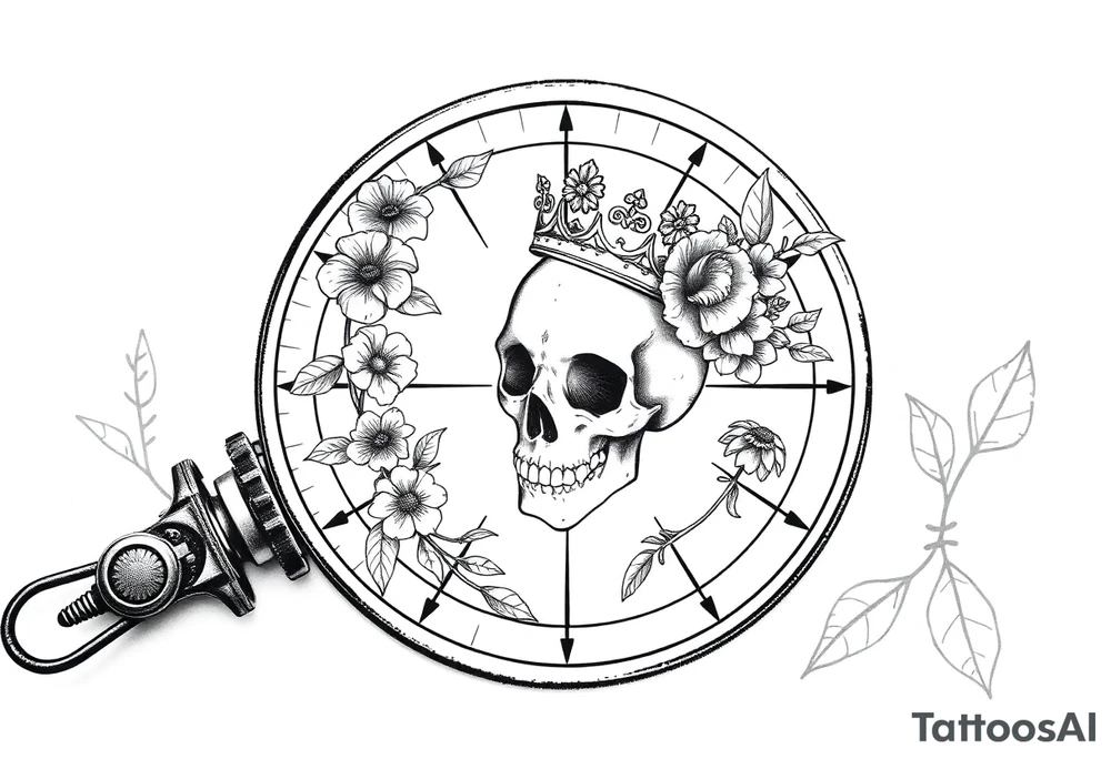 Compass with detailed beautiful gothic boho flowers on vine and skull with gorgeous crown tattoo idea