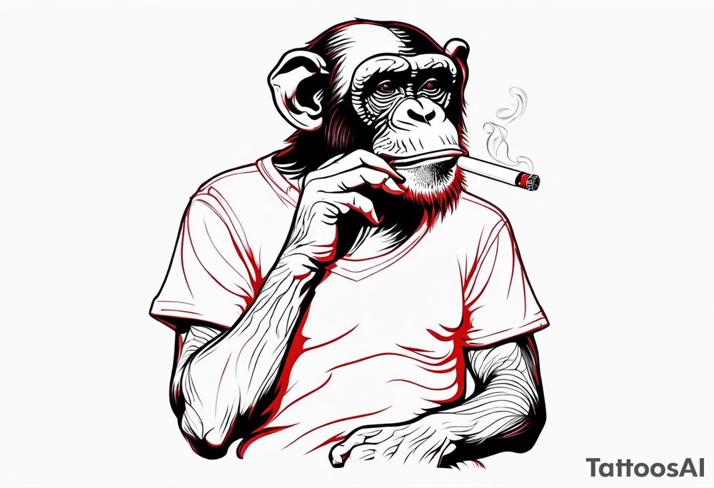 Chimpanzee smoking a cigarette, full body, red hues tattoo idea