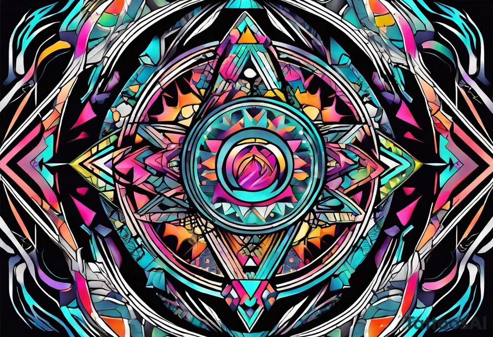 A tattoo design featuring geometric patterns and symbols inspired by psytrance and techno music, creating a unique and futuristic look. tattoo idea
