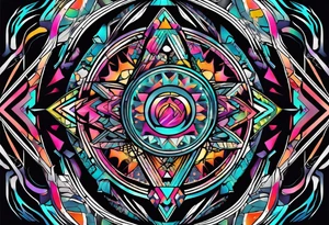 A tattoo design featuring geometric patterns and symbols inspired by psytrance and techno music, creating a unique and futuristic look. tattoo idea