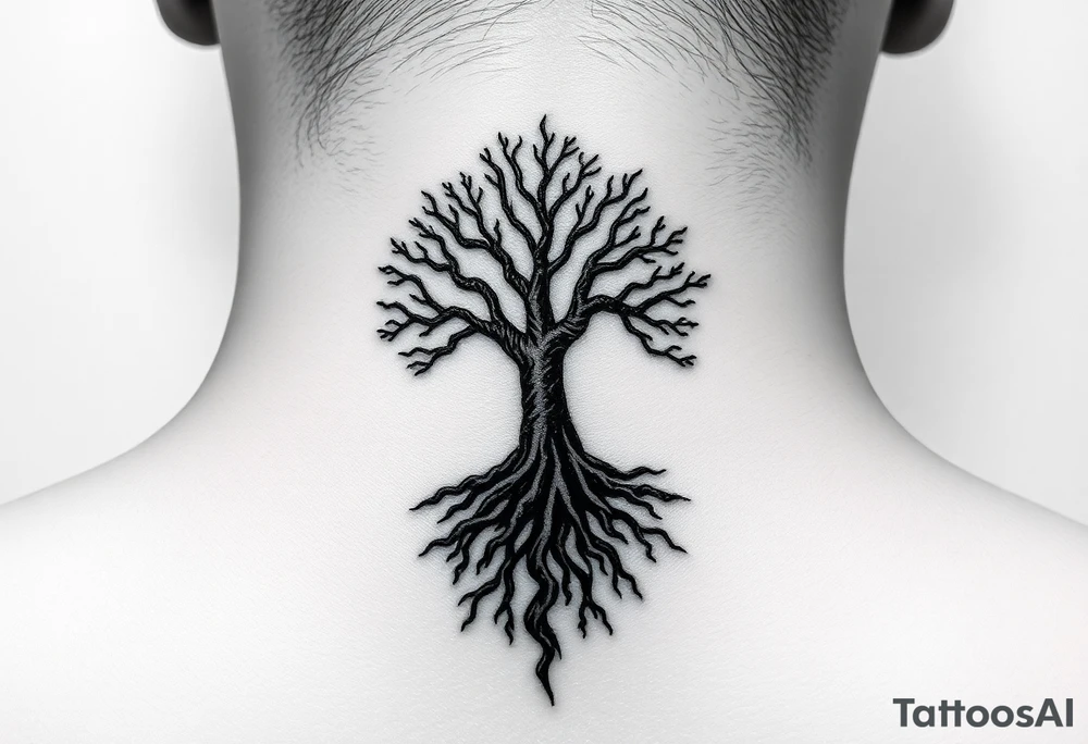 mystical tree of life with cosmic roots and celestial branches tattoo idea