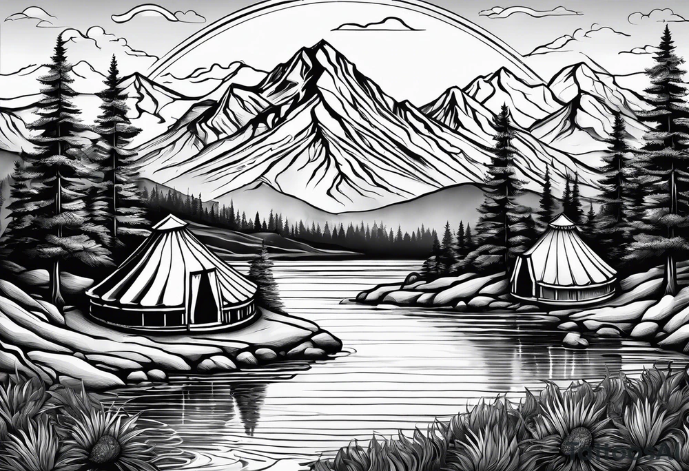mountains, road, lake, yurt, sun tattoo idea